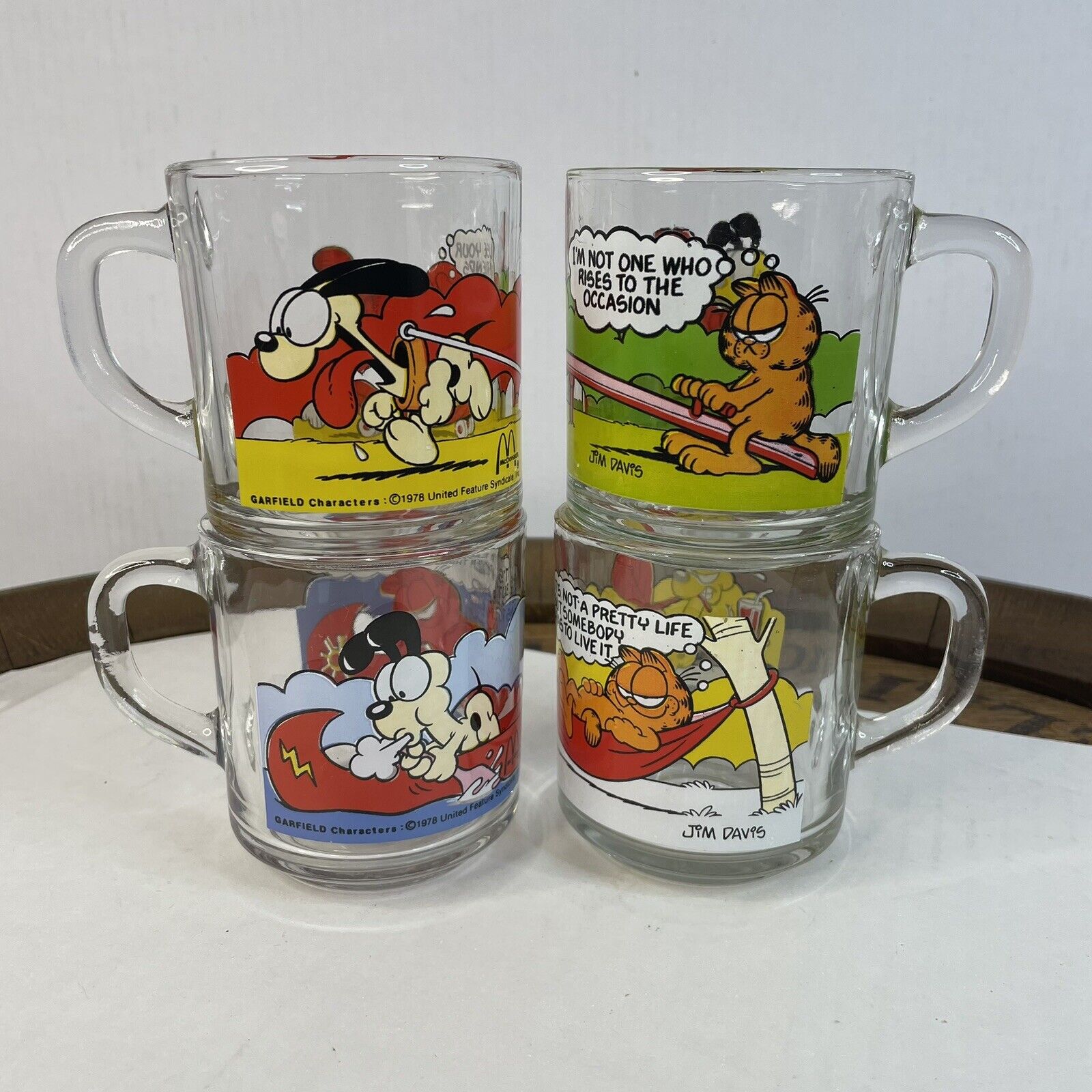 Vintage 1978-80 Garfield McDonald's Glass Coffee Mugs Cups, set of 4