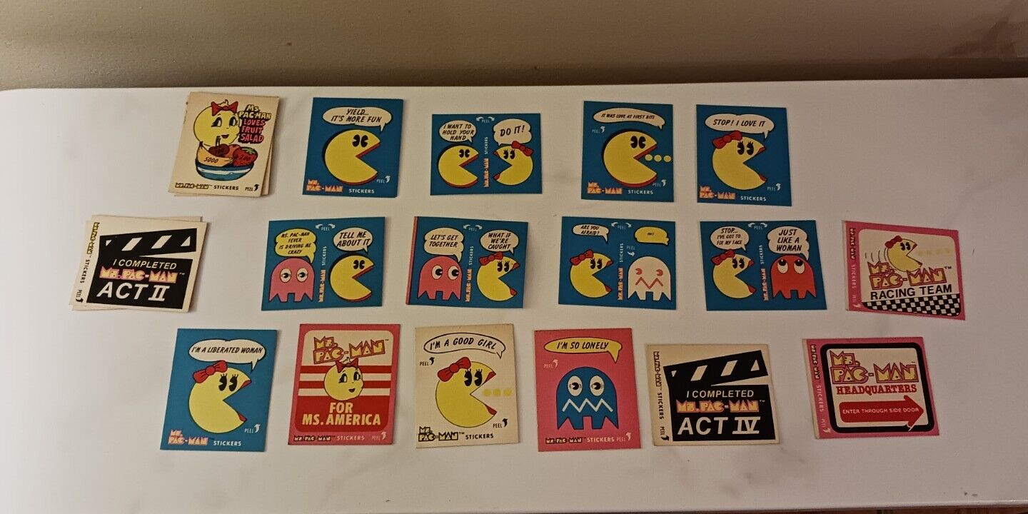 1981 Fleer Ms. Pac-Man Stickers & Cards Lot of 19 Vintage Retro Video Game 80\'s