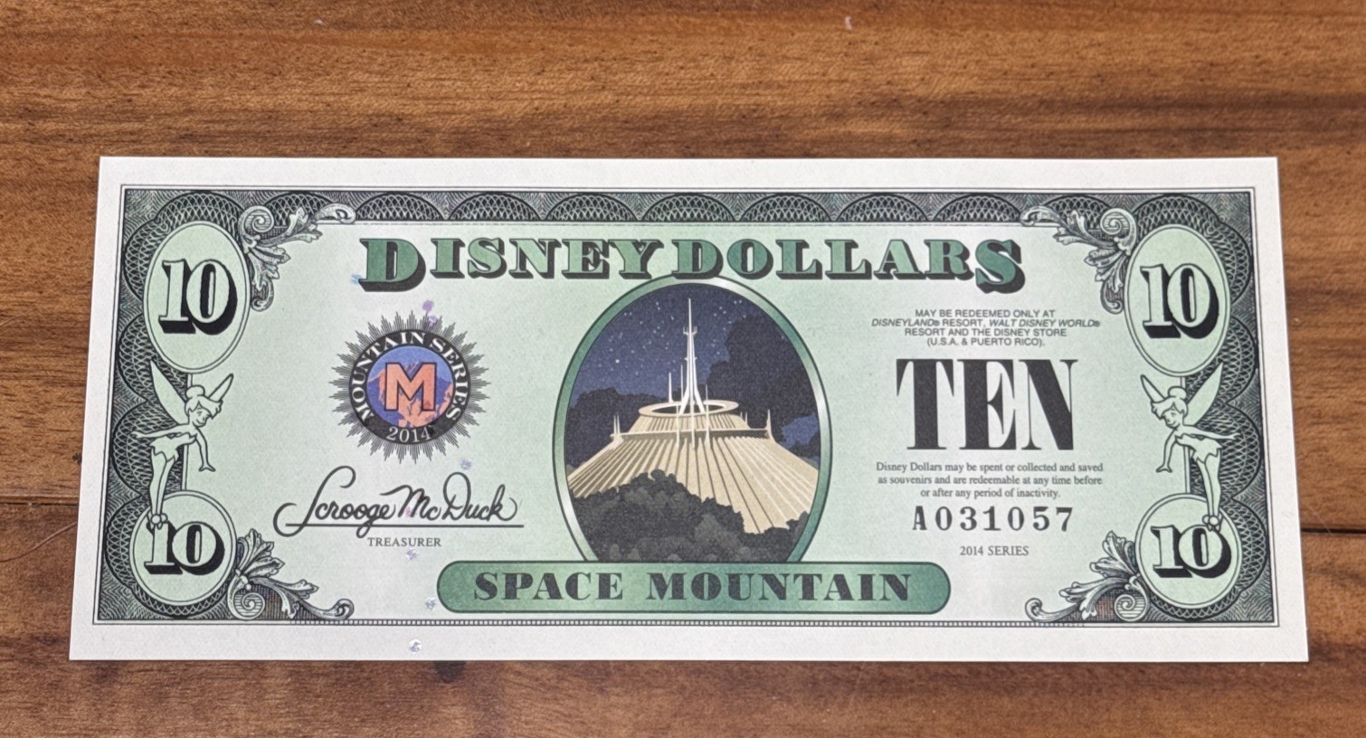 2014 Space Mountain Mickey Mouse $10 Disney Dollar Ten Dollars New A Disneyland