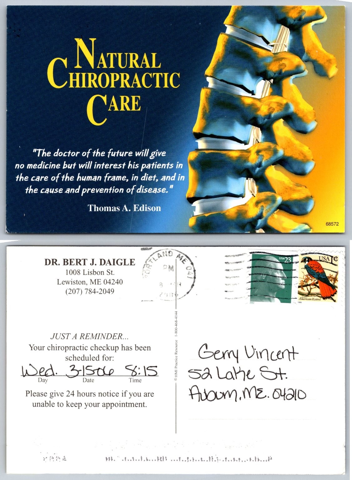 Natural Chiropractic Care Postcard Dr. Daigle Lewiston ME 2006 Thomas Edison