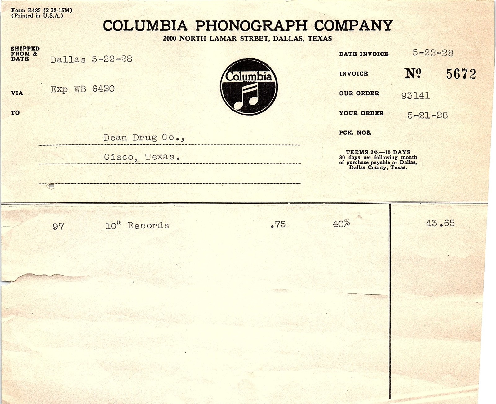 1928 Columbia Phonograph invoice for 97 10\ 1928 Columbia Phonograph invoice for 97 10\
