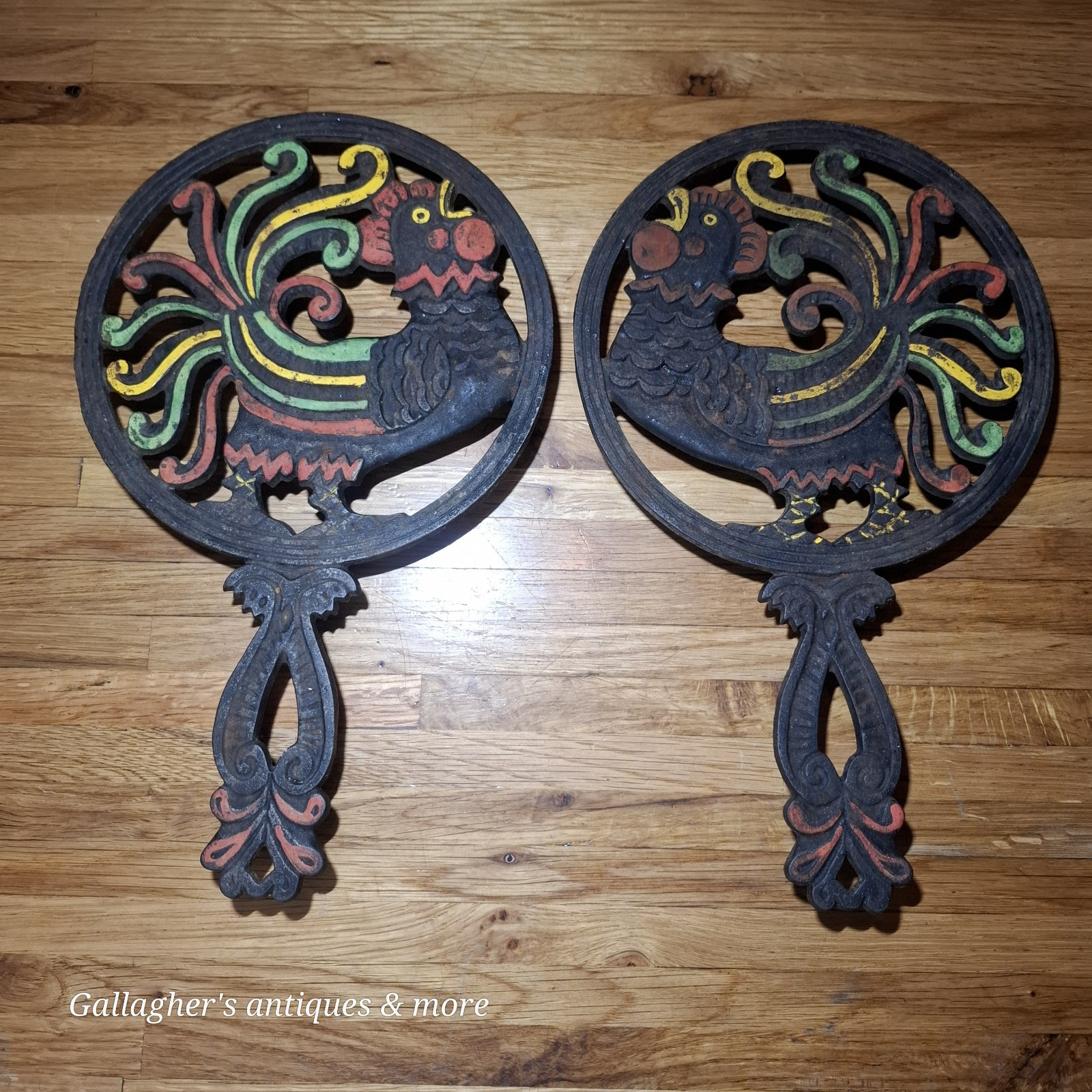 Pair of Wilton cast iron rooster trivets vintage kitchen cookware Pair of Wilton cast iron rooster trivets vintage kitchen cookware
