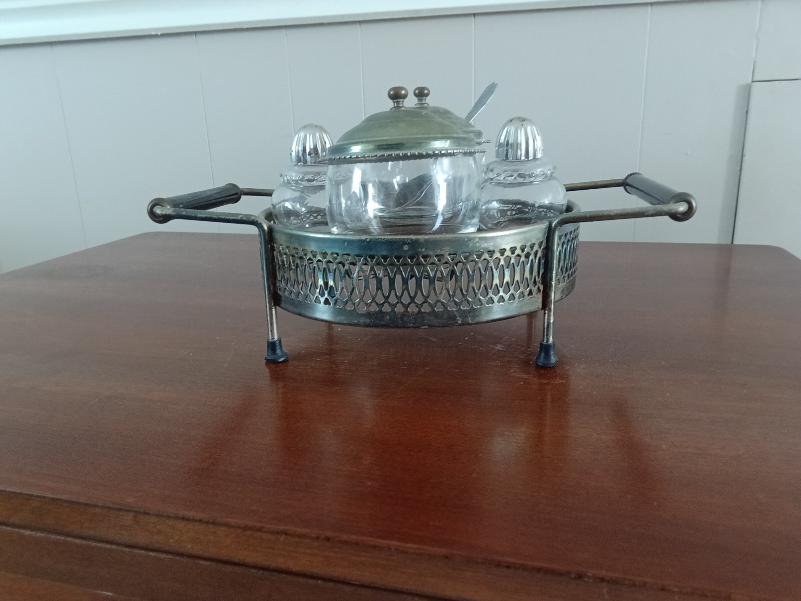 Vintage Silver Plated Condiment Caddy Set Glass Jam Jars Salt Pepper Shakers