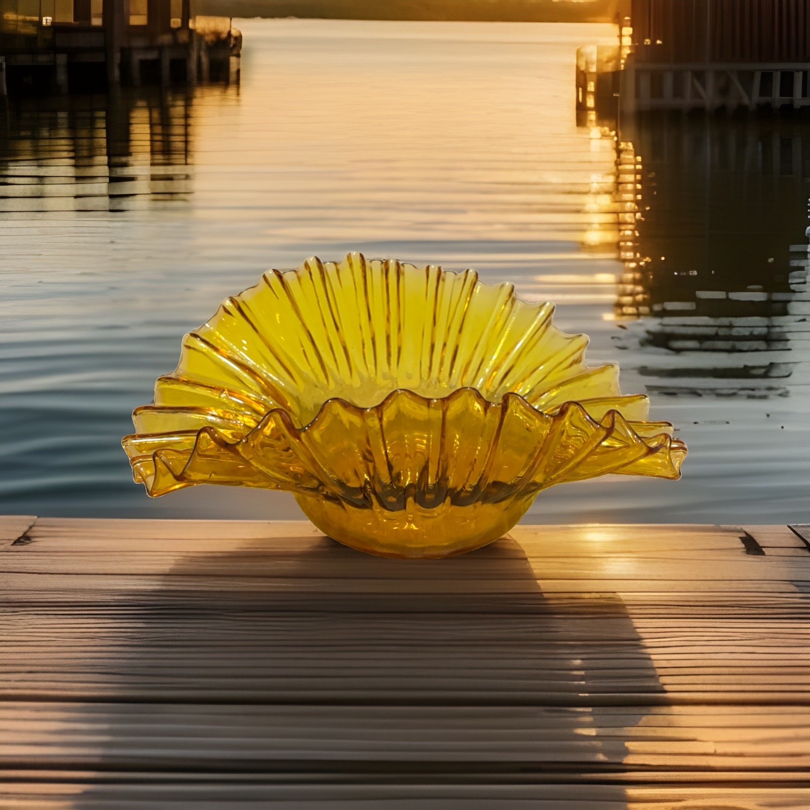Vintage Blenko #5428 Crimped ArtGlass Bowl MCM Yellow Amber Wayne Husted UV Glow Vintage Blenko #5428 Crimped ArtGlass Bowl MCM Yellow Amber Wayne Husted UV Glow