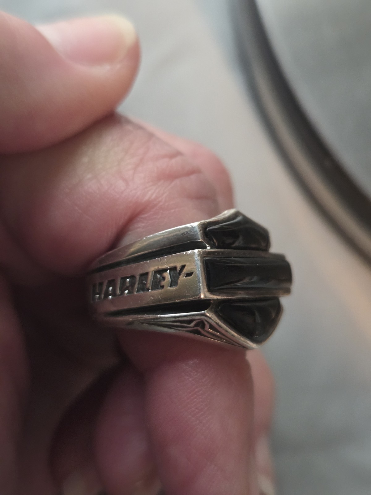 Harley Davidson & Thierry Martino Black Onyx 925 Sterling Mens Ring 7.5 Used Harley Davidson & Thierry Martino Black Onyx 925 Sterling Mens Ring 7.5 Used