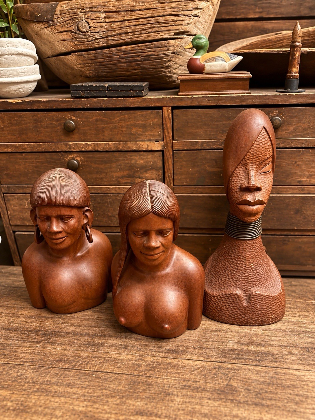 Vintage Hand-Carved Wood BustsMid-Century African Folk Art StylePair · $245 Vintage Hand-Carved Wood BustsMid-Century African Folk Art StylePair · $245