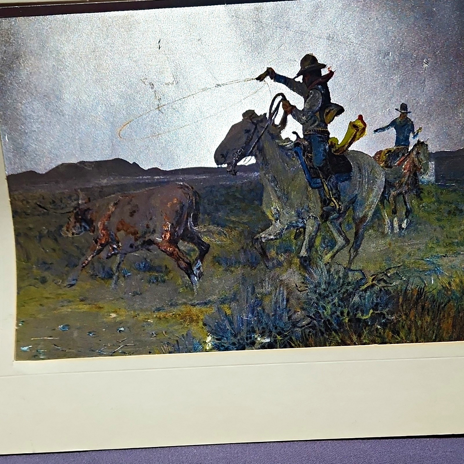 Western Americana Art Print Cowboy on Horseback Roping Cattle Western Americana Art Print Cowboy on Horseback Roping Cattle