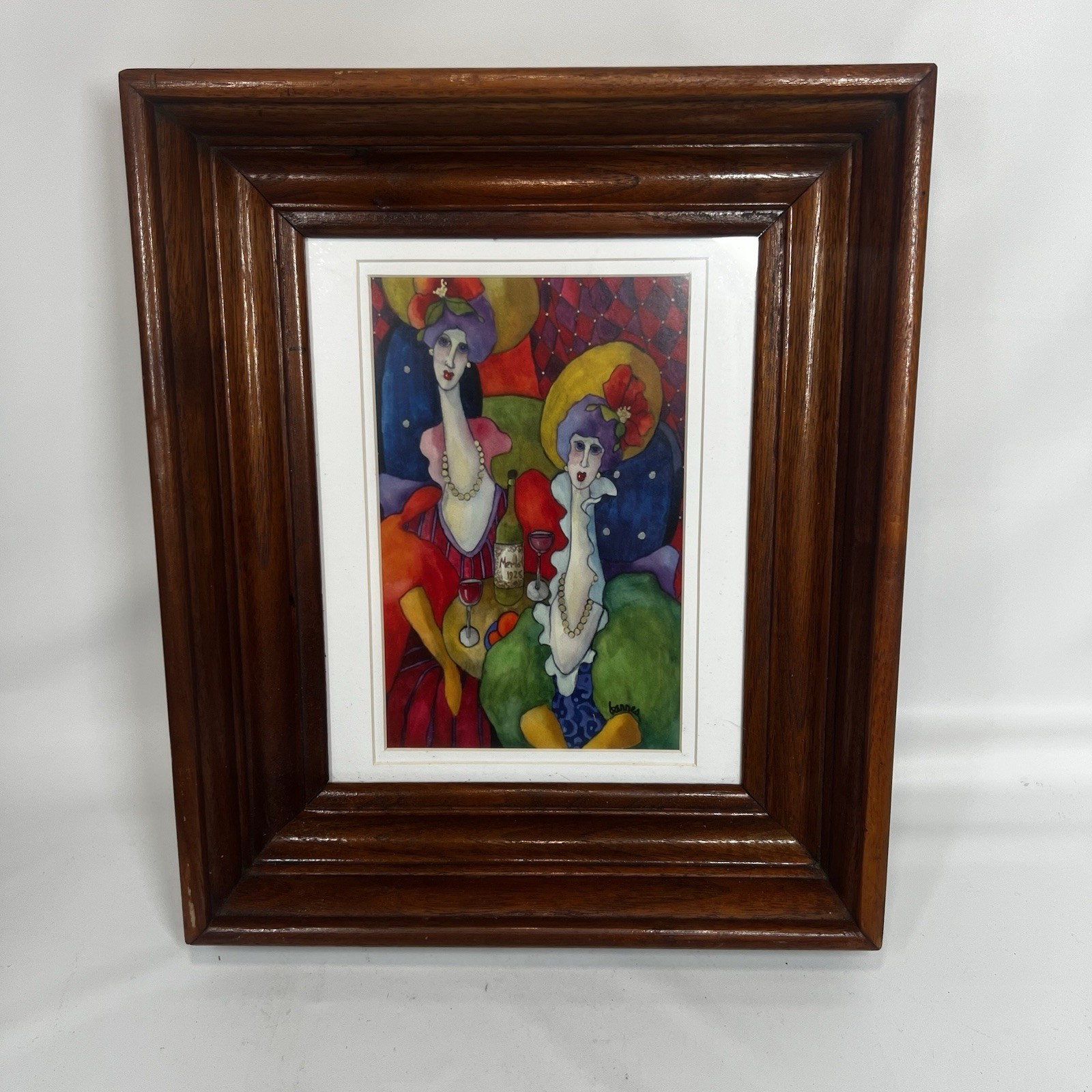 Vintage Colorful Ladies Art Print Solid Oak Deep Shadowbox Frame MCM Style Vintage Colorful Ladies Art Print Solid Oak Deep Shadowbox Frame MCM Style