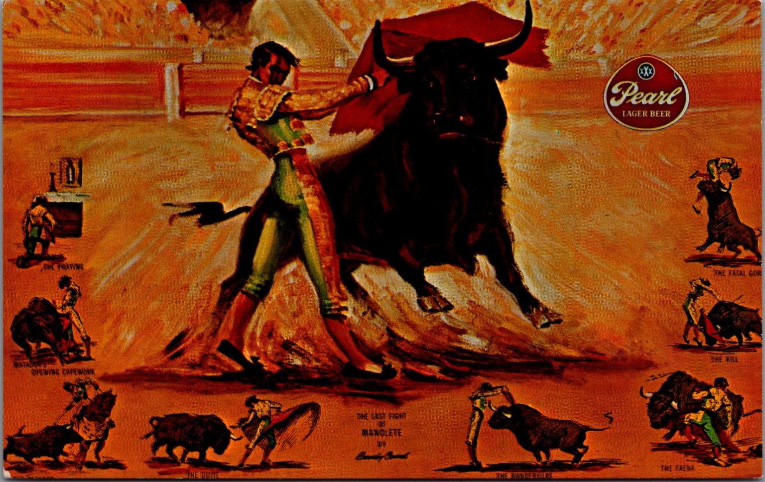 Vintage Pearl Beer Bullfighting Postcard - San Antonio Texas Brewery Art Vintage Pearl Beer Bullfighting Postcard - San Antonio Texas Brewery Art
