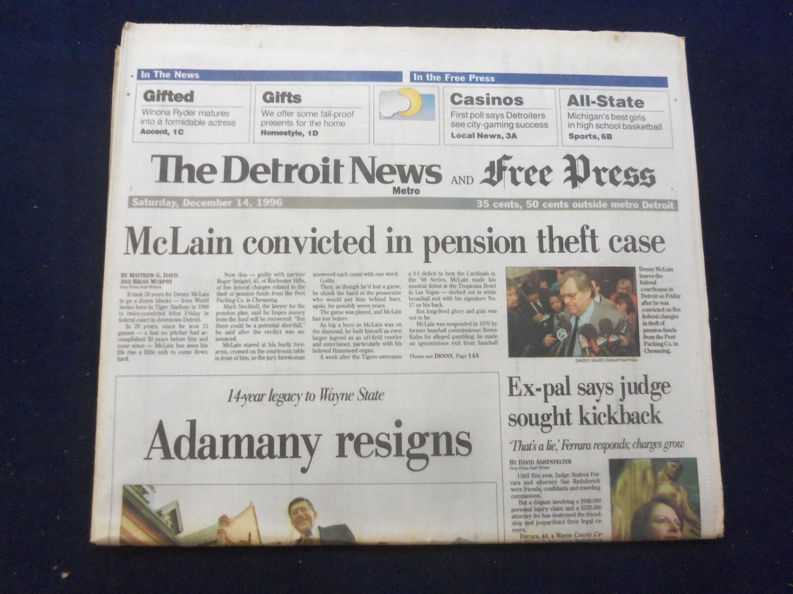 1996 DEC 14 DETROIT NEWS/FREE PRESS NEWSPAPER - DENNY MCLAIN CONVICTED - NP 7217