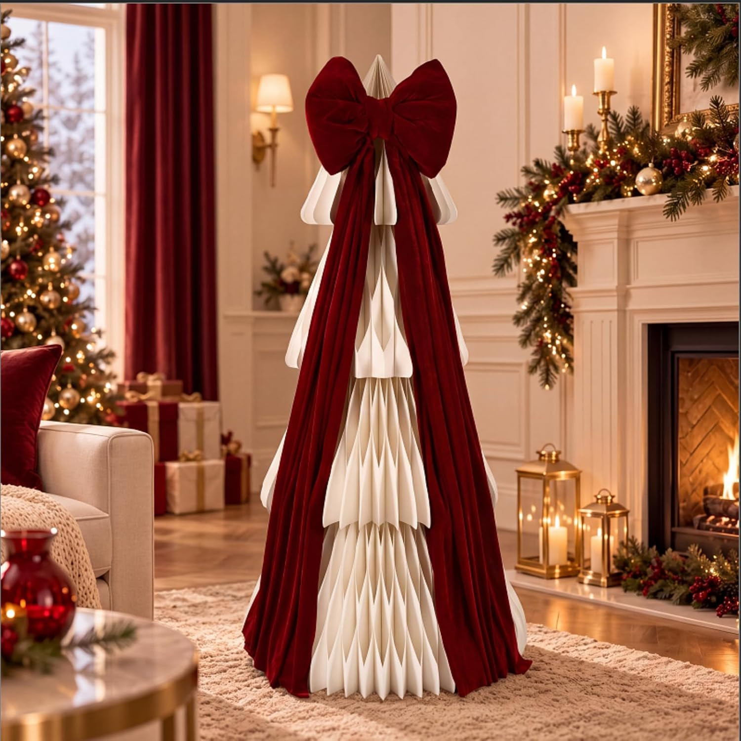 5Ft Large Honeycomb Paper Christmas Tree with Velvet Bow,Beige