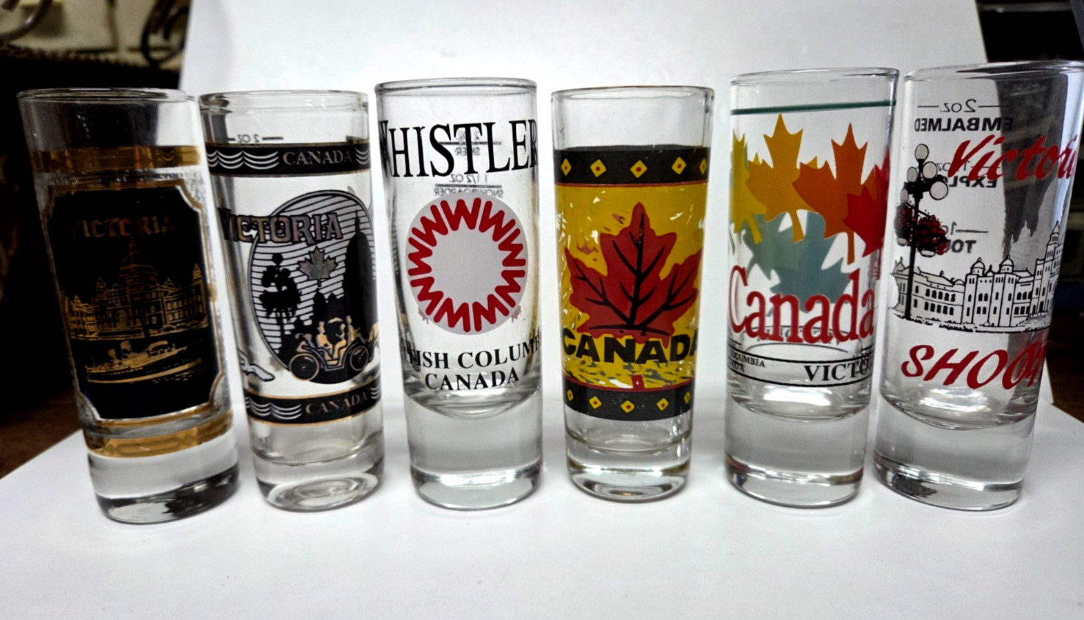 Vintage Set of 6 colorful CANADIAN SHOT GLASSES 2 oz 4 Vintage Set of 6 colorful CANADIAN SHOT GLASSES 2 oz 4