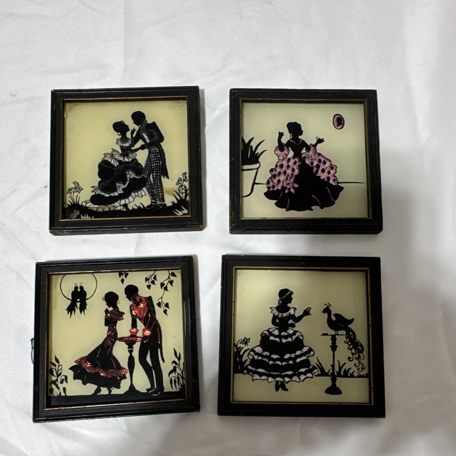 Vintage Reverse Painted Convex glass silhouette pictures set of 4 4.5”x4.5”  