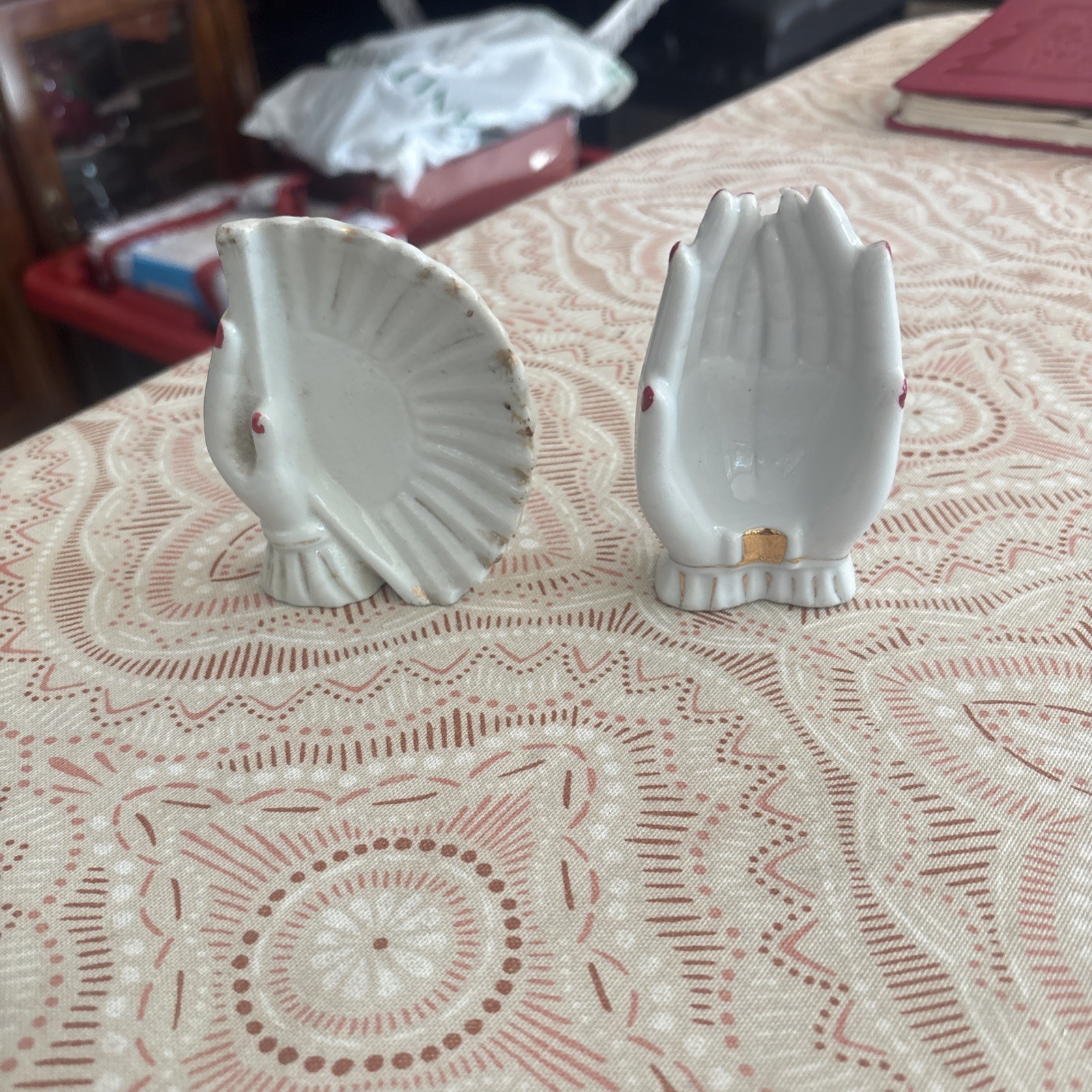 2 Vintage Small White Porcelain Offering Hand 1950s Japan Ashtray & Ring Holder 2 Vintage Small White Porcelain Offering Hand 1950s Japan Ashtray & Ring Holder