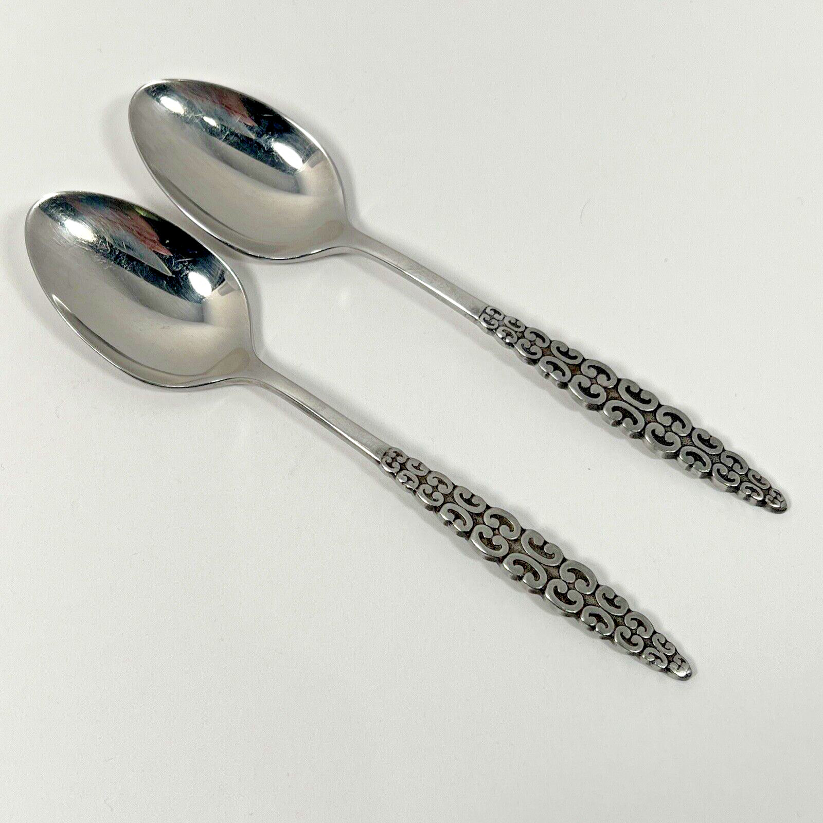 2 pc TEASPOON Vtg Lyon ROMANESQUE Stainless Flatware 1970s Retro Cutlery 2 pc TEASPOON Vtg Lyon ROMANESQUE Stainless Flatware 1970s Retro Cutlery