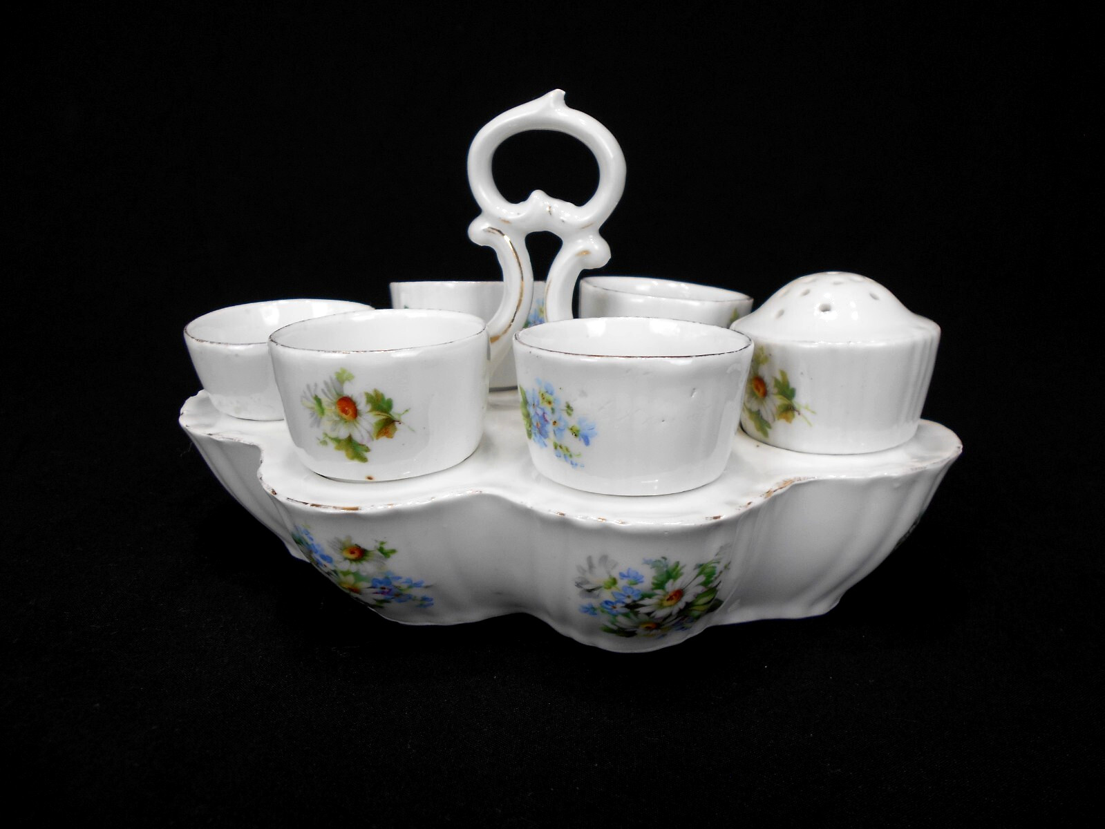 Antique French White Floral Porcelain Handmade Boiled Egg Cup Serving Caddy Set Antique French White Floral Porcelain Handmade Boiled Egg Cup Serving Caddy Set