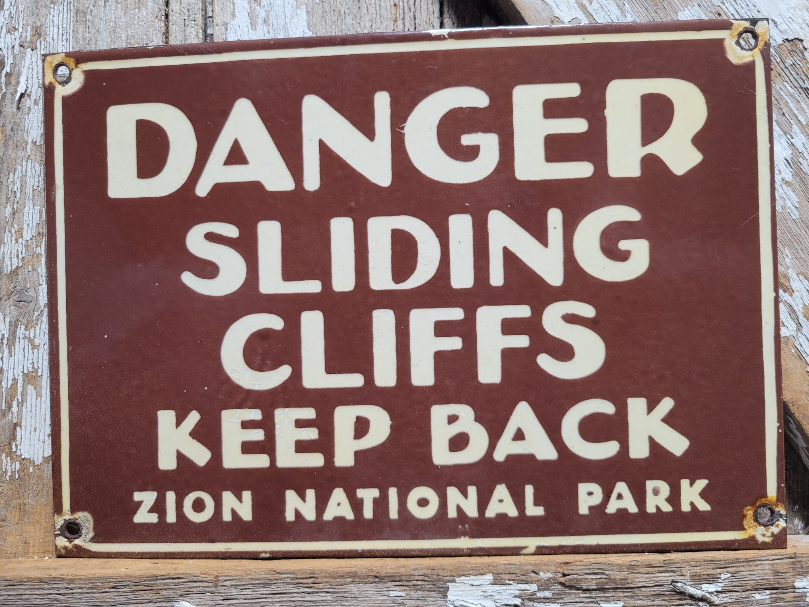 VINTAGE ZION NATIONAL PARK PORCELAIN SIGN RARE OLD FOREST SERVICE DANGER CLIFFS