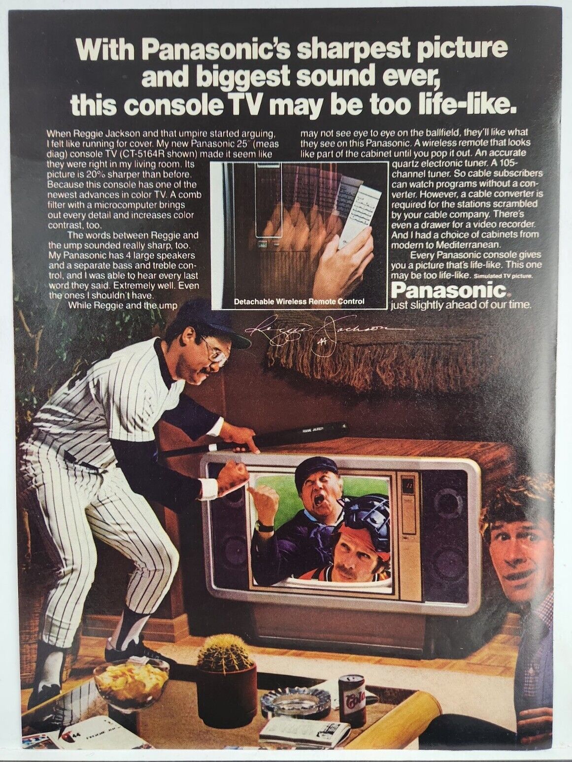 1981 Panasonic Console TV Reggie Jackson Baseball Print Ad Man Cave Poster Art