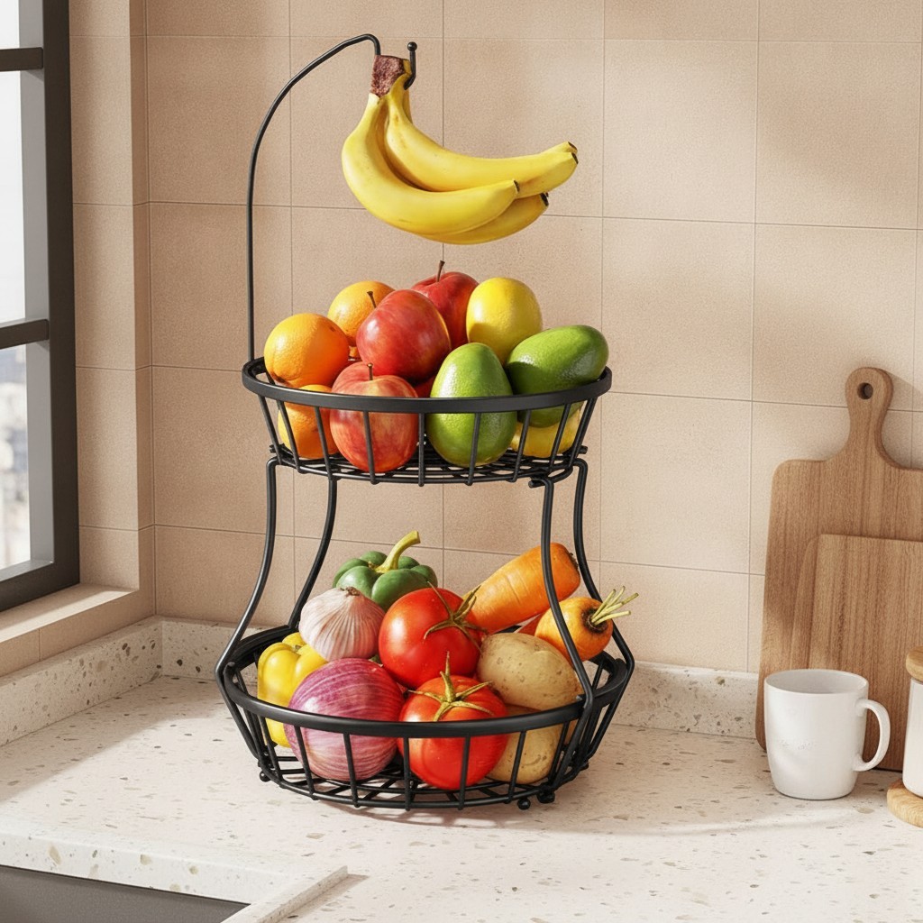 2-Tier Fruit Basket with Banana Hanger – Black Metal, Kitchen Counter Storage