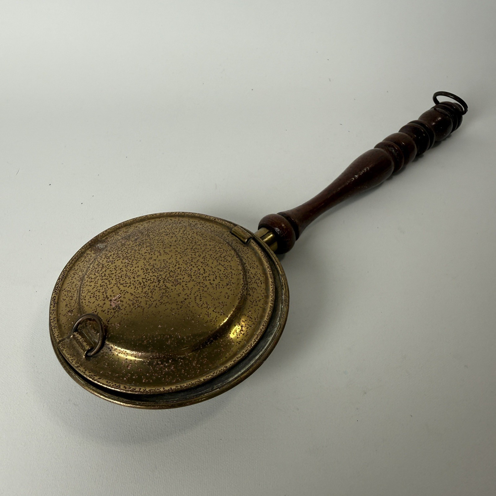 Vintage Miniature Brass Bed Warmer Made In England Wood Handle Hinged Lid Rustic Vintage Miniature Brass Bed Warmer Made In England Wood Handle Hinged Lid Rustic