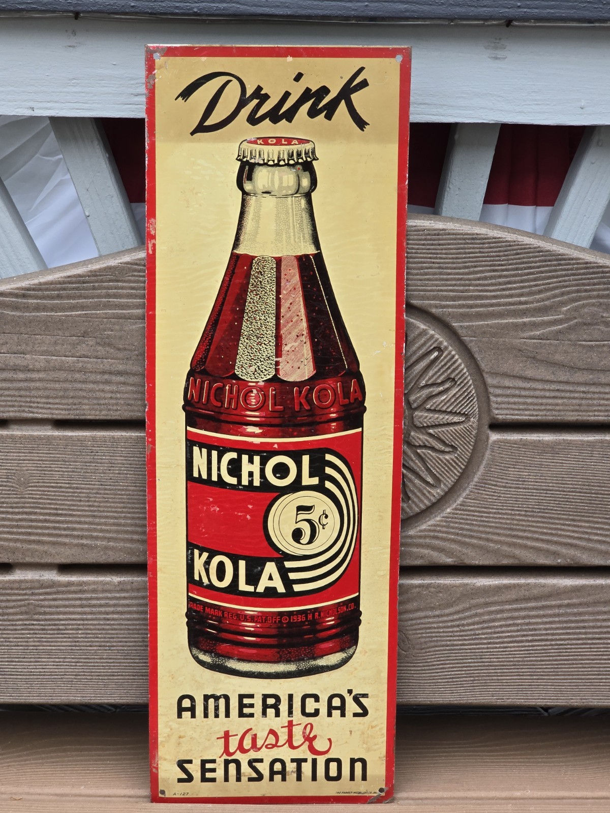 1936 Nichol Kola Tin Sign 5¢ Advertising Drink America's Taste Sensation 1936 Nichol Kola Tin Sign 5¢ Advertising Drink America's Taste Sensation