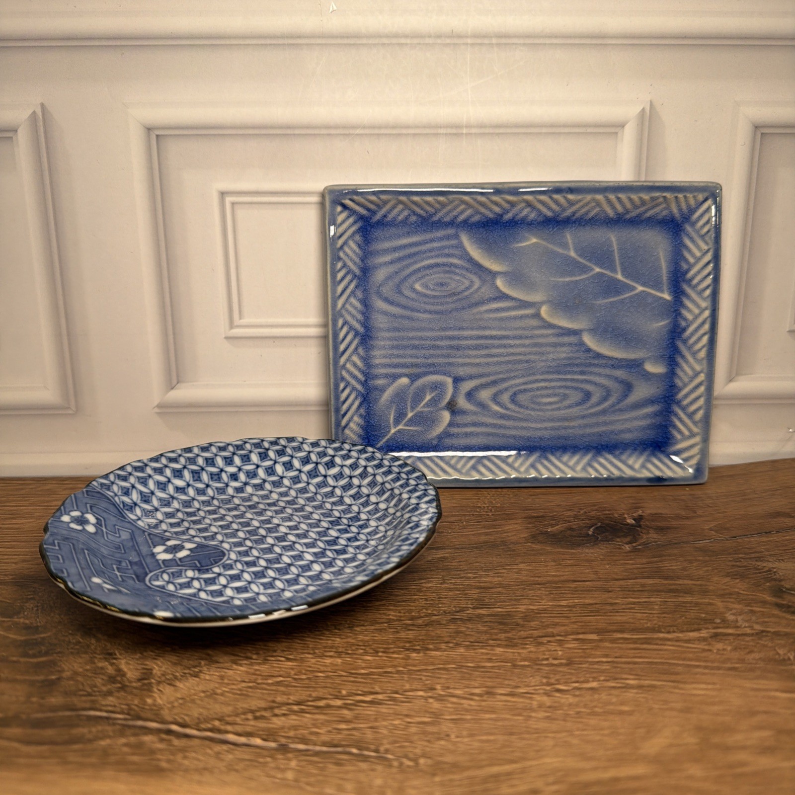 Set of 2 Vtg Kotobuki Baizan Kiln Japan Pottery Dishes Tobe Ware Blue Plate