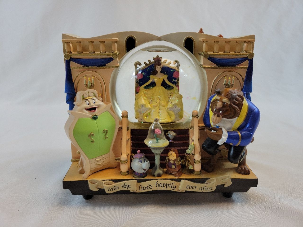 Disney Beauty and the Beast Double Sided Book Snow Globe Musical Rare WORKS