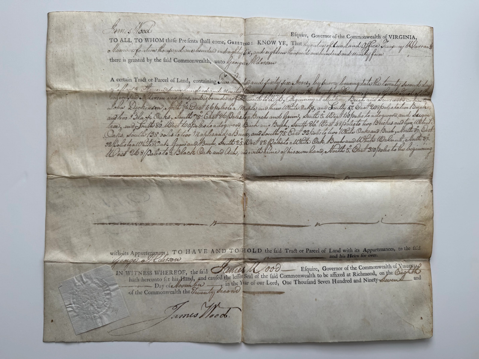 1797 Virginia Land Grant Signed by Governor James Wood – 256 Acres in