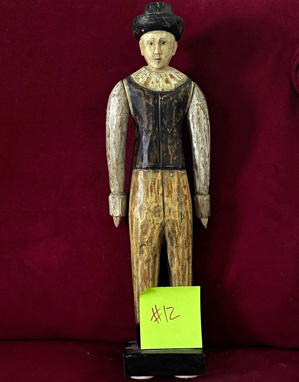 Hand Carved Hand Painted Wood Man Figurine w/ Hat on Base Brown/Black/Beige Hand Carved Hand Painted Wood Man Figurine w/ Hat on Base Brown/Black/Beige