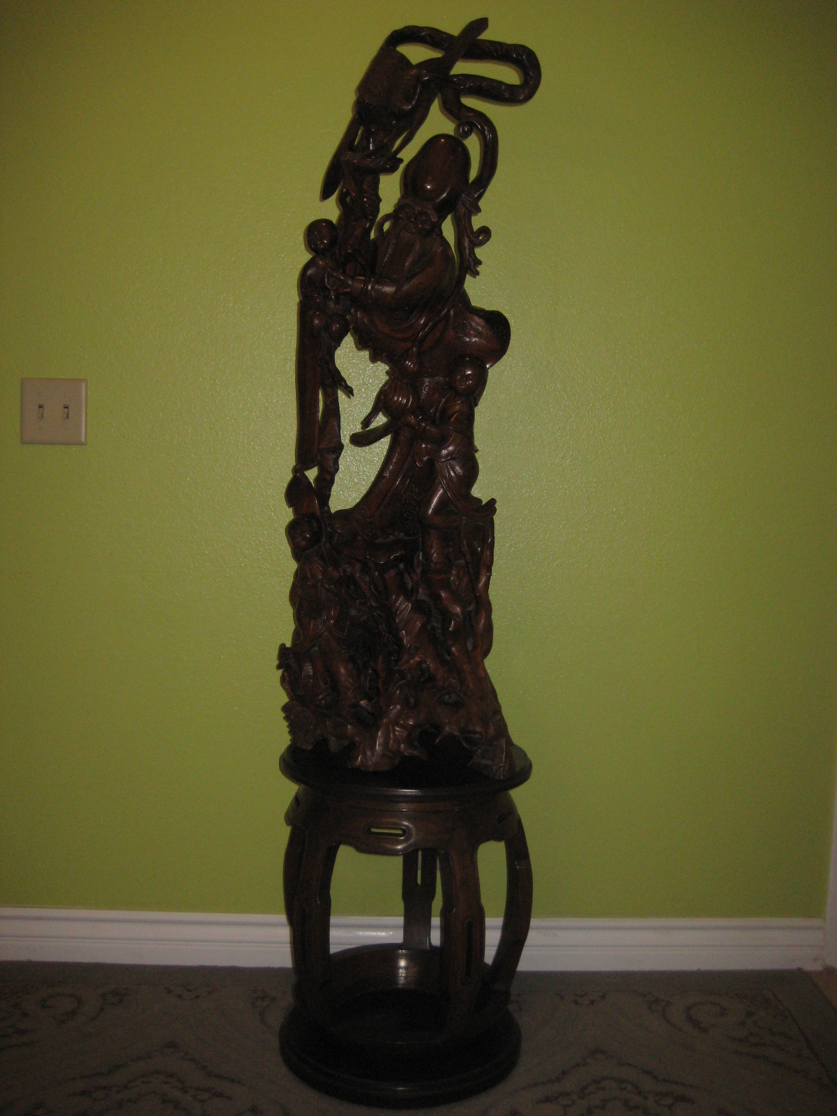 Huge VTG Chinese Handcarved Wooden Old Monk w/3 Young Monks Sculpture w/Stand Huge VTG Chinese Handcarved Wooden Old Monk w/3 Young Monks Sculpture w/Stand