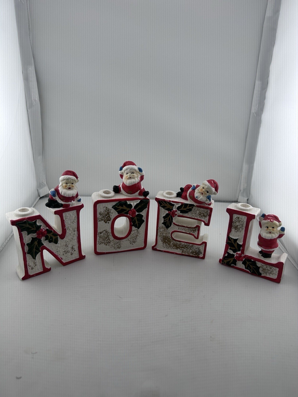 Vintage 50s Japan Santa NOEL Candle Holder Set 4 Pc Ceramic MCM Christmas Vintage 50s Japan Santa NOEL Candle Holder Set 4 Pc Ceramic MCM Christmas