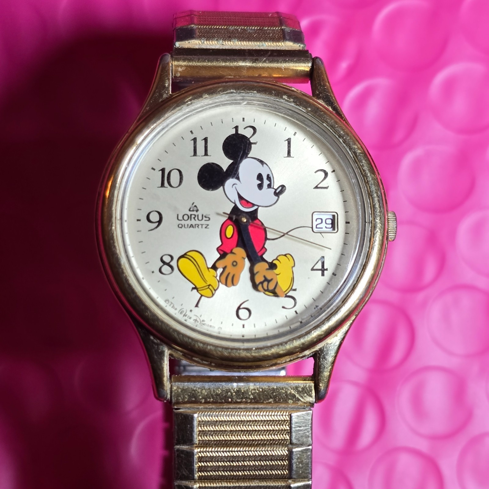Vintage Lorus Disney Mickey Mouse Watch V532-6078 Gold Tone Quartz Date Working