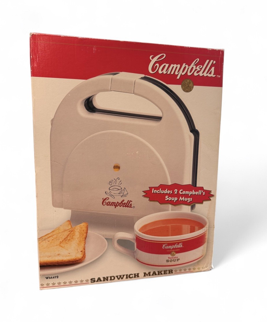 Vintage 1990's Campbells Soup Mug Set & Sandwich Maker, Open Box, Unused Vintage 1990's Campbells Soup Mug Set & Sandwich Maker, Open Box, Unused