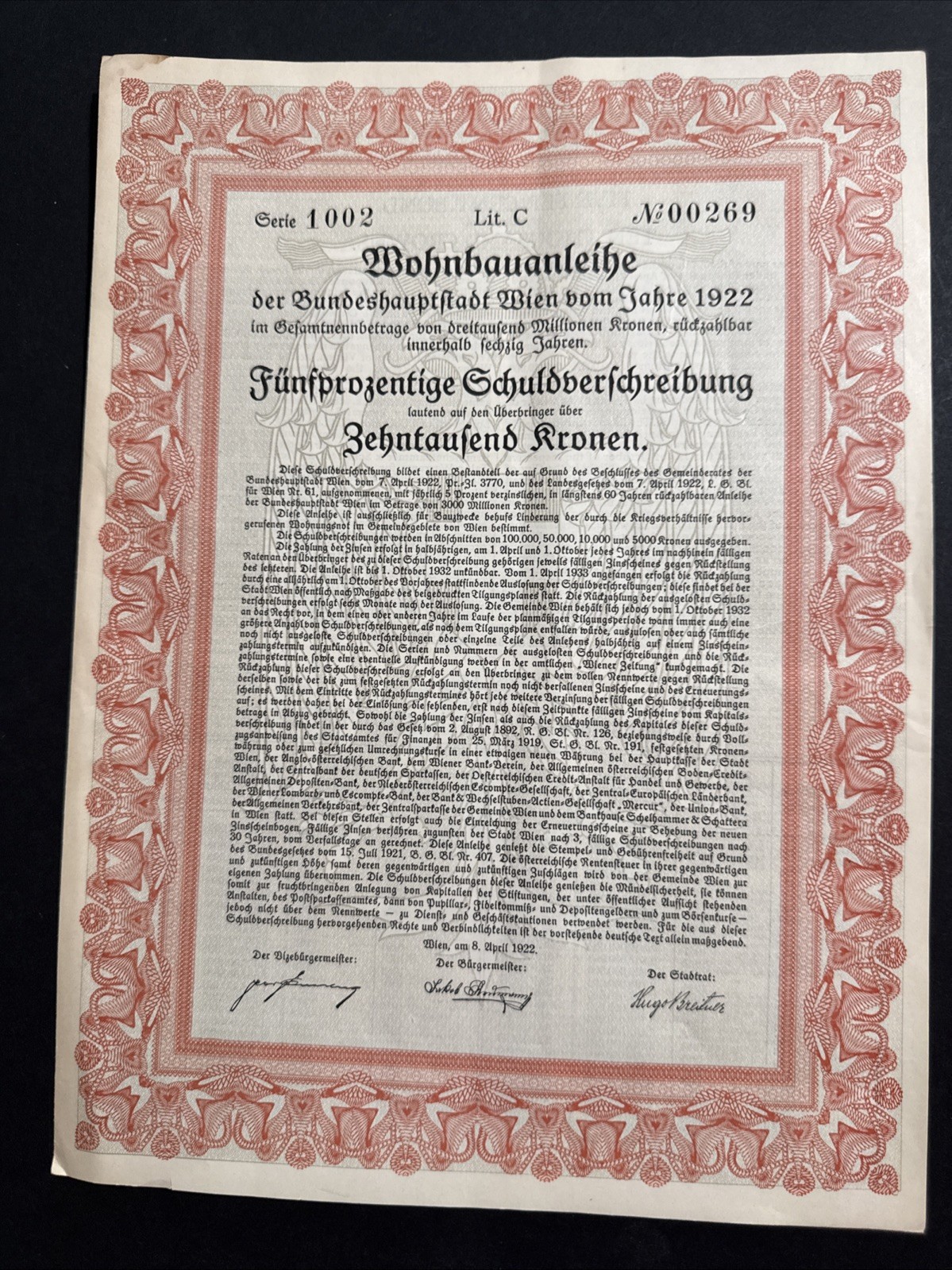Germany/Austria - 10,000 Crowns Bond The City of Vienna, Federal Capital of 1922