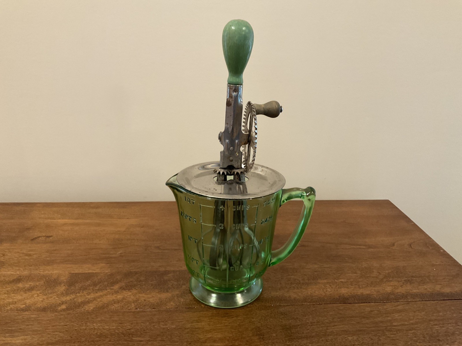 Vintage A & J Egg Beater With Green Uranium Glass 4 Cup Measuring Cup