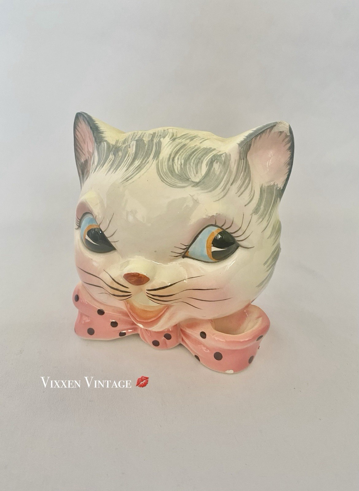VINTAGE 1950\'S HAND PAINTED KITSCHY CERAMIC CAT FACE STRING & SCISSOR HOLDER VINTAGE 1950\'S HAND PAINTED KITSCHY CERAMIC CAT FACE STRING & SCISSOR HOLDER