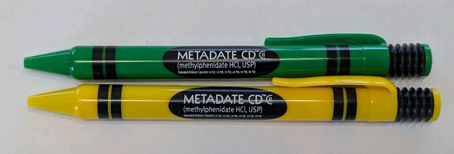 RARE Metadate CD CII Pharmaceutical Drug Rep Pen ADHD Green Yellow Crayon Click RARE Metadate CD CII Pharmaceutical Drug Rep Pen ADHD Green Yellow Crayon Click