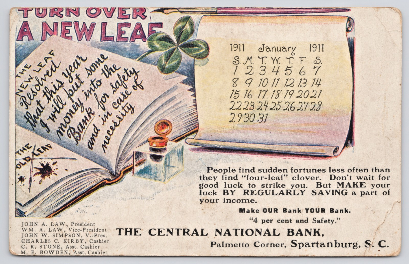 Spartanburg SC Palmetto Corner Central National Bank Postcard 1911 Save New Year