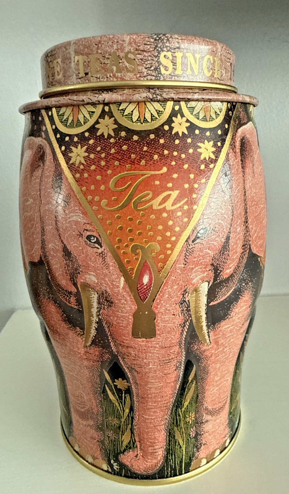 Vintage Williamson & Magor Embossed Pink Elephant Metal Darjeeling Tin Caddy Vintage Williamson & Magor Embossed Pink Elephant Metal Darjeeling Tin Caddy
