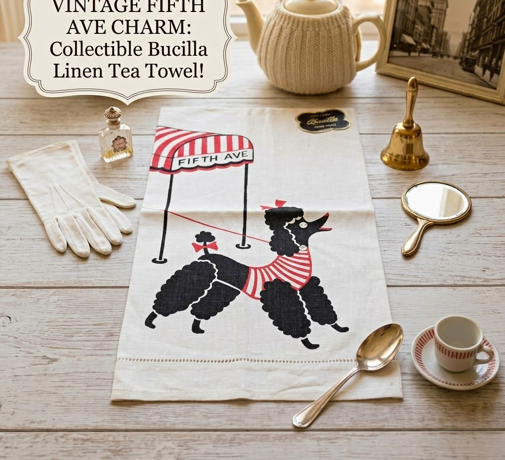 VINTAGE FIFTH AVE CHARM: Collectible Bucilla Linen Tea Towel VINTAGE FIFTH AVE CHARM: Collectible Bucilla Linen Tea Towel