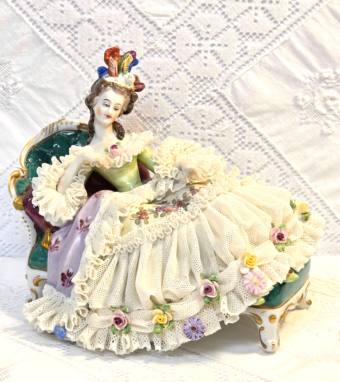 #5 Figurine German Dresden Lace Lady Laying on a Chaise 5 #5 Figurine German Dresden Lace Lady Laying on a Chaise 5