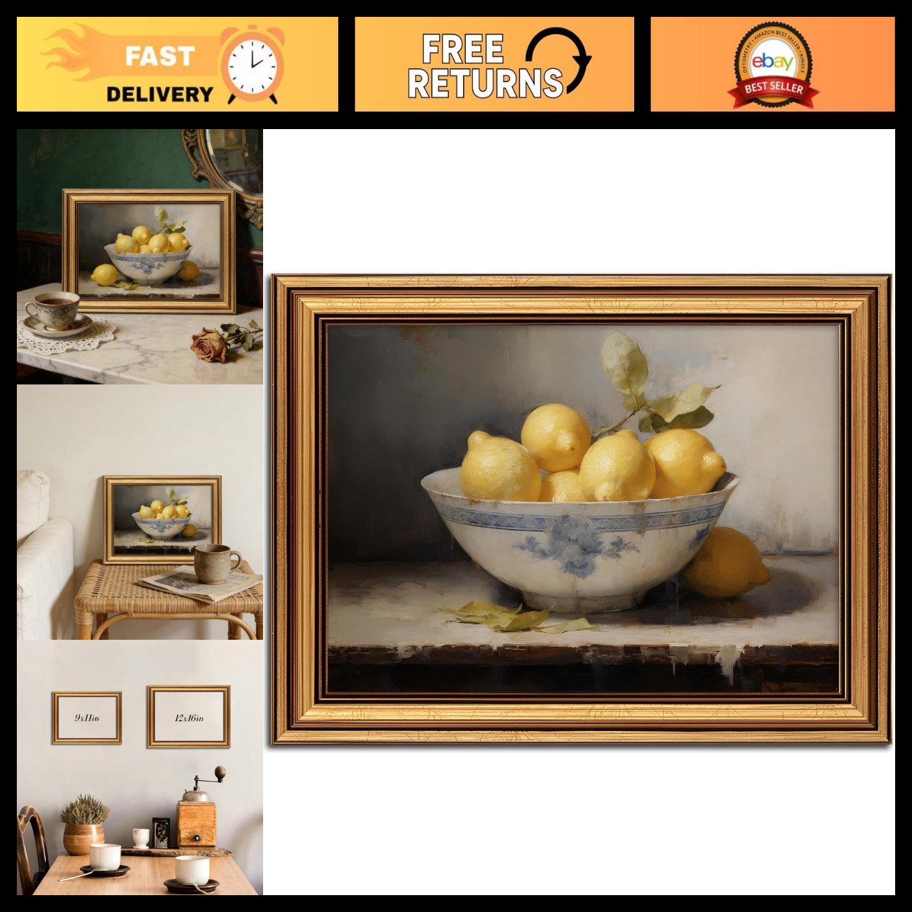 Vintage Gold Framed Wall Art Lemons Still Life Painting Picture Wall Decor Vinta