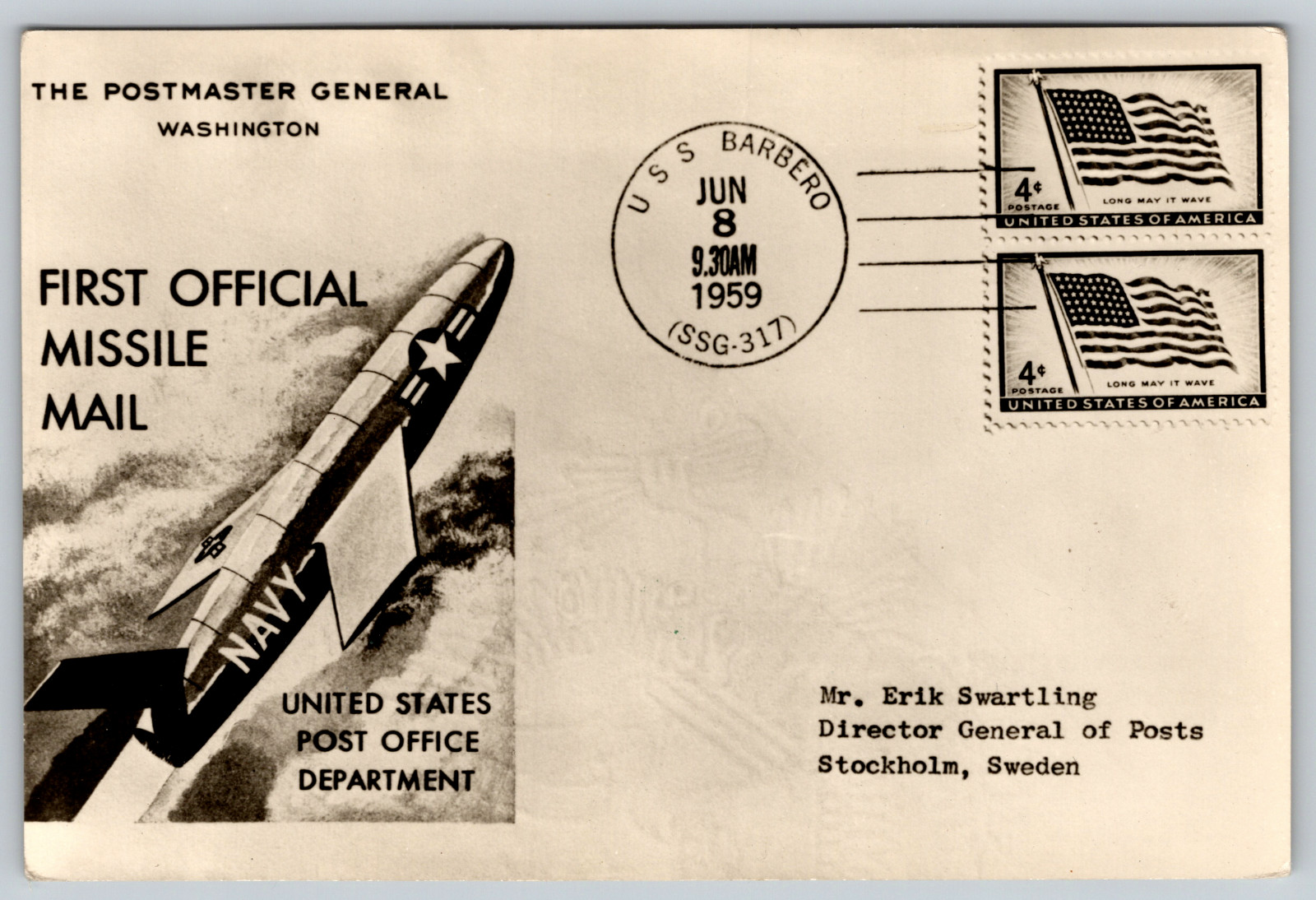 Flown First official missile mail - USS BARBERO 1959 Repro Vintage Postcard Flown First official missile mail - USS BARBERO 1959 Repro Vintage Postcard