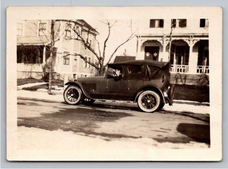 c1920s Antique Touring Car Automobile Houses Winter B&W Photo Snapshot