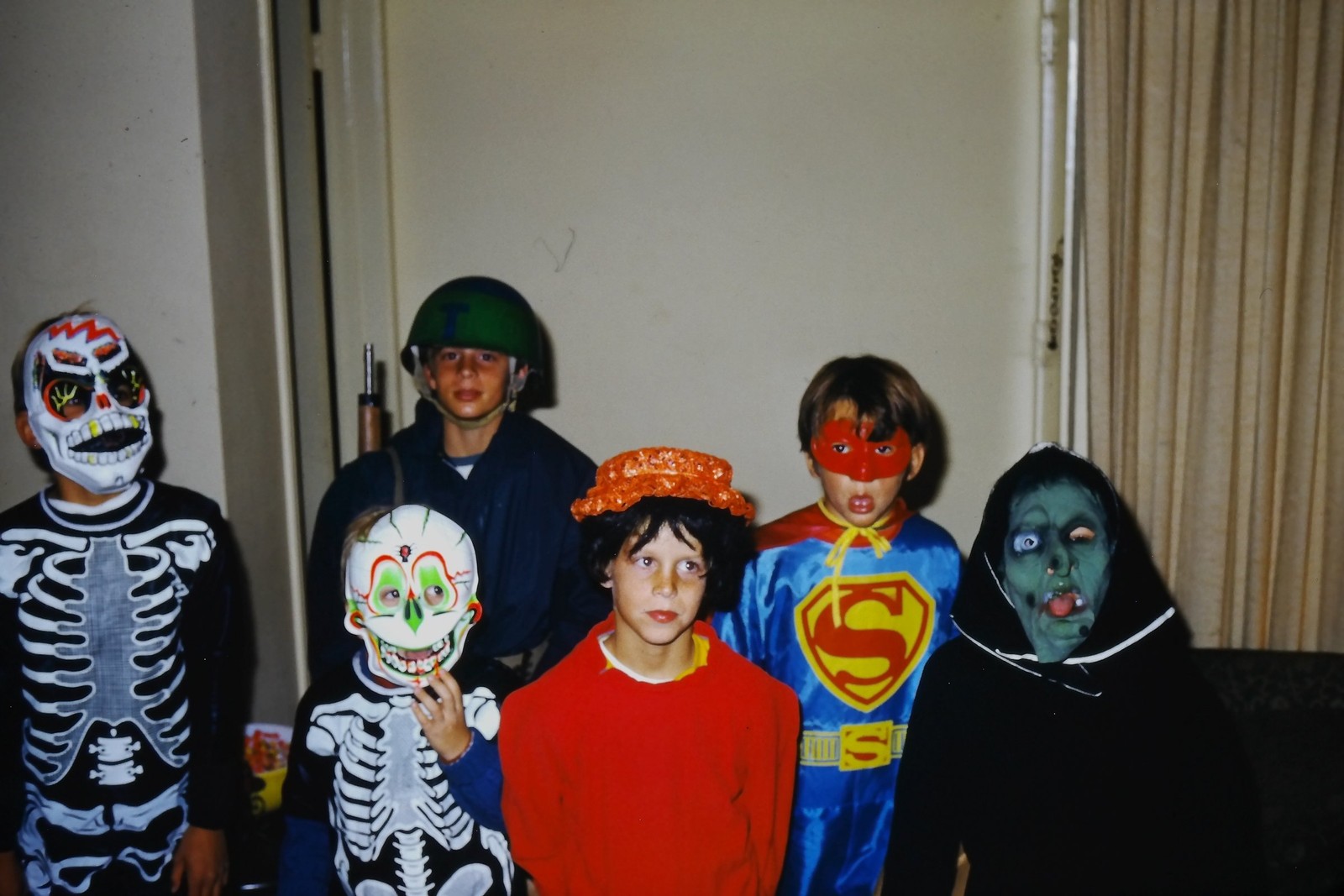 c1970\'s Kodachrome 35mm Slide, Halloween Costumes Skeleton Superman Witch black
