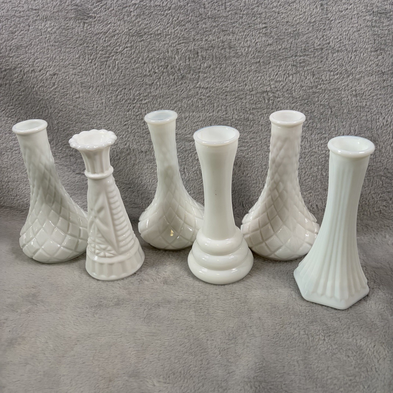 Lot of 6 Vintage White Milk Glass Bud Vases Anchor Hocking Stars and Bars MCM Lot of 6 Vintage White Milk Glass Bud Vases Anchor Hocking Stars and Bars MCM