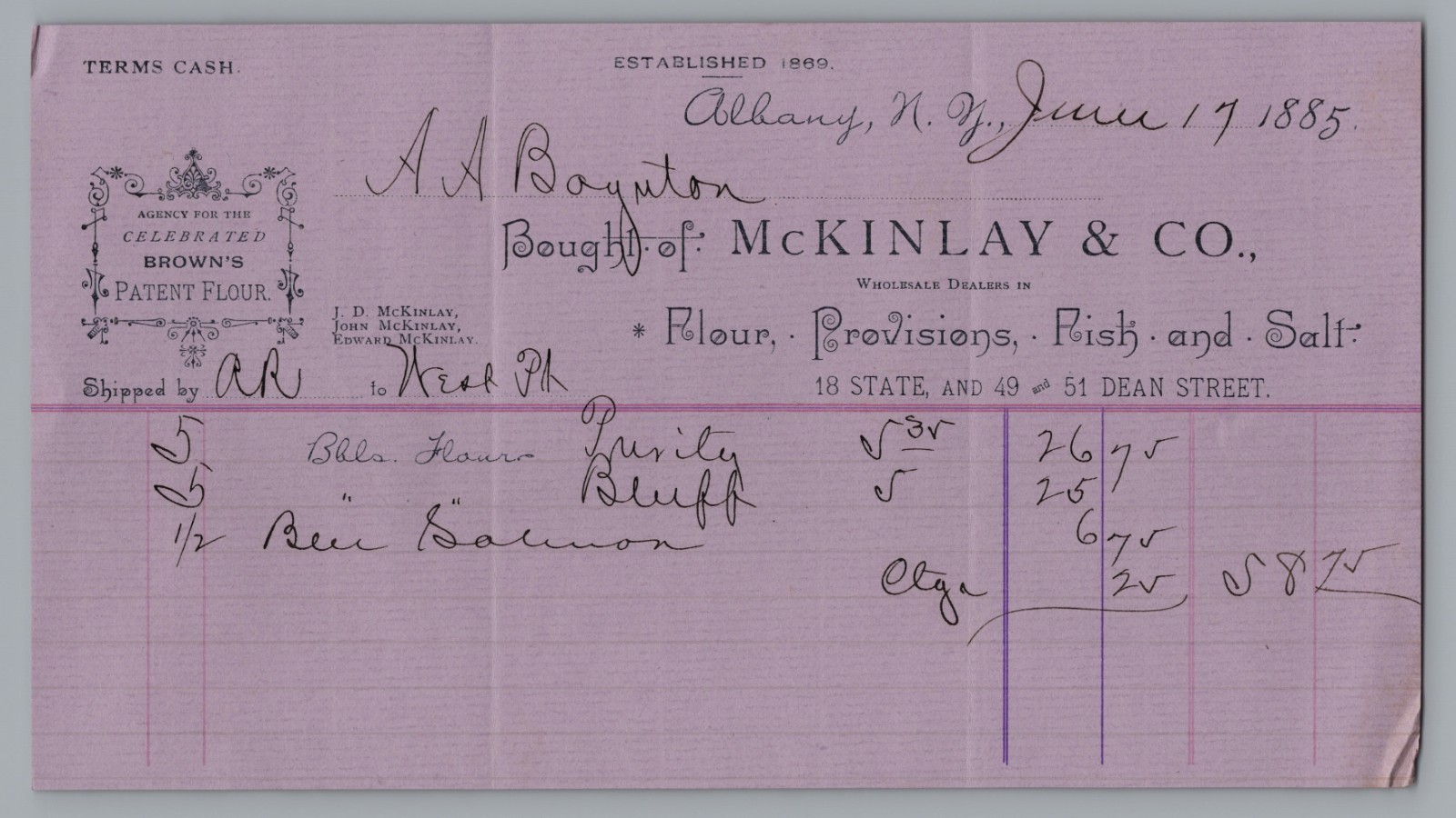 McKinlay & Co Albany NY 1885 Billhead Receipt Flour Pork Lard Ephemera