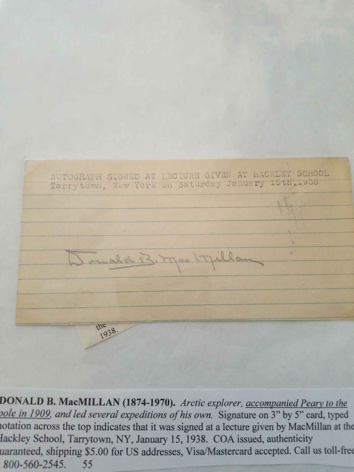 DONALD B. MacMILLAN SIGNATURE 3x5 card in pencil with notation on where obtained