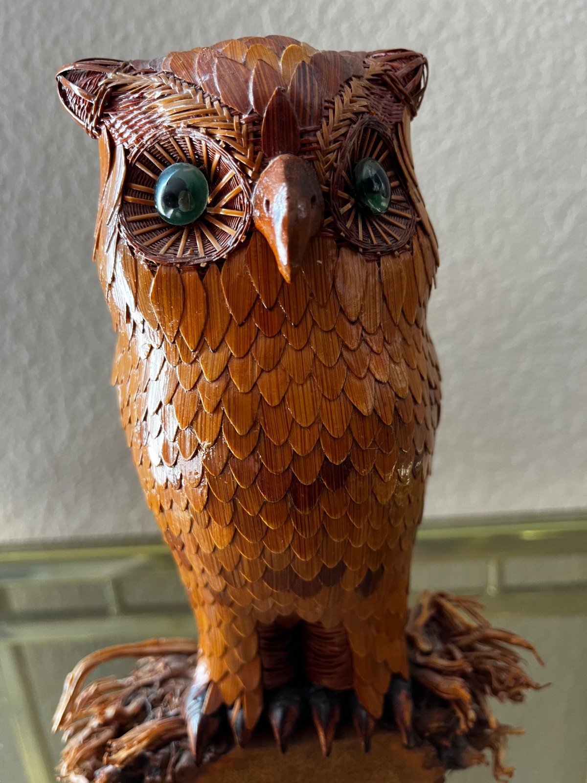Vintage Chinese Rattan Wicker Owl Figurine Mid-Century Green Eyes Vintage Chinese Rattan Wicker Owl Figurine Mid-Century Green Eyes