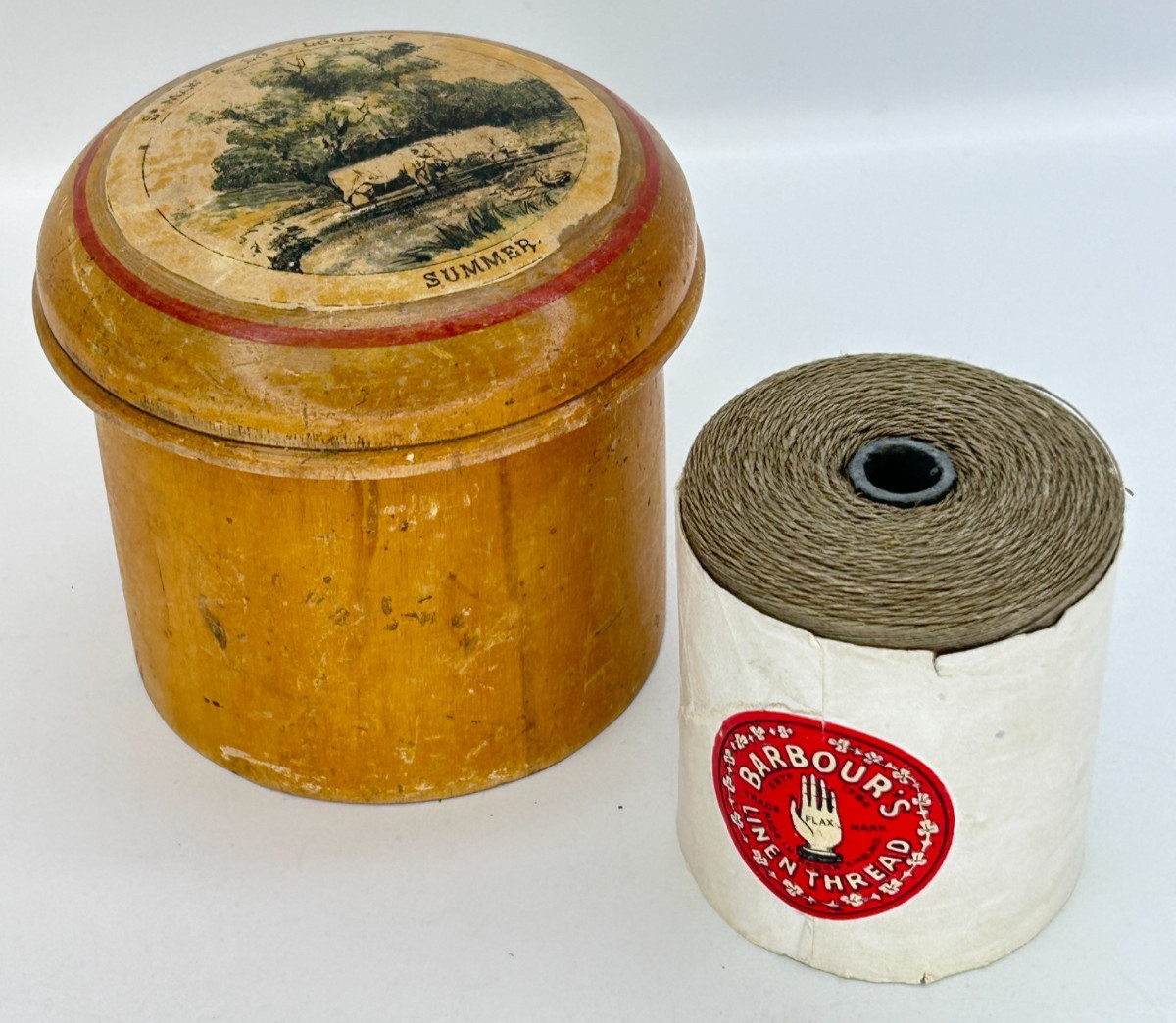 Mauchline Ware Antique Round Wood Thread Box with Barbours Linen 3 Chord Thread